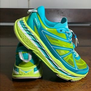 HOKA ONE ONE STINSON LITE SNEAKERS - bright blue and green tennis shoes